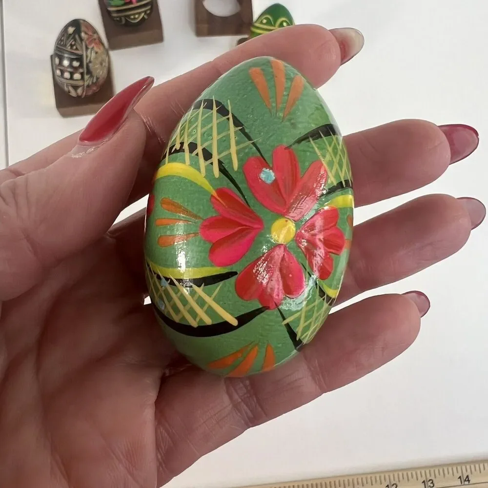 Wooden Hand Painted Lacquered Eggs Bright Decorative Floral‎ Easter